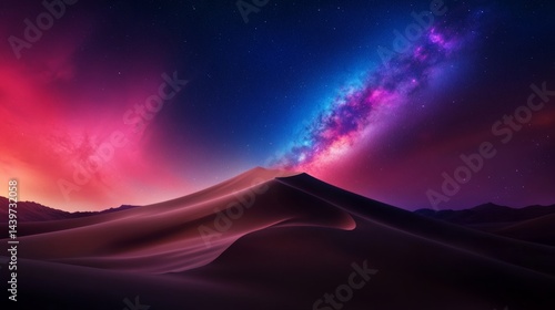 A stunning desert landscape beneath a galaxy-filled sky, the Milky Way glowing with vibrant cosmic colors,