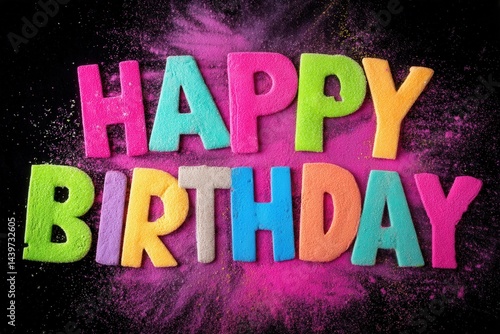 Colorful Birthday Message Made from Vibrant Chalk on Black Background