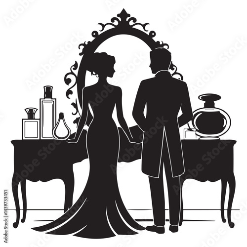 dressing room with antique furniture, Vector Black silhouettes. with white background