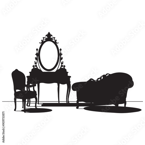 dressing room with antique furniture, Vector Black silhouettes. with white background
