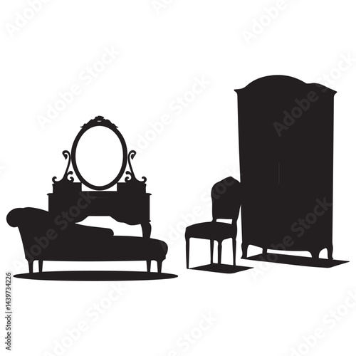 dressing room with antique furniture, Vector Black silhouettes. with white background