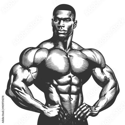 muscular bodybuilder striking a powerful pose, symbolizing strength, fitness, bodybuilding, and athleticism sketch engraving generative ai vector illustration. Scratch board. Black and white image.