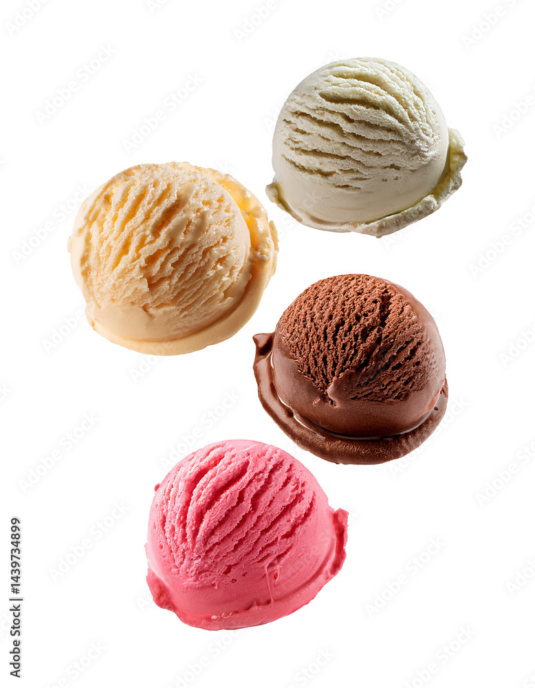 Assorted Floating and Flying Ice Cream Scoops in Four Flavors Assorted Floating and Flying Ice Cream Scoops in Four Flavors