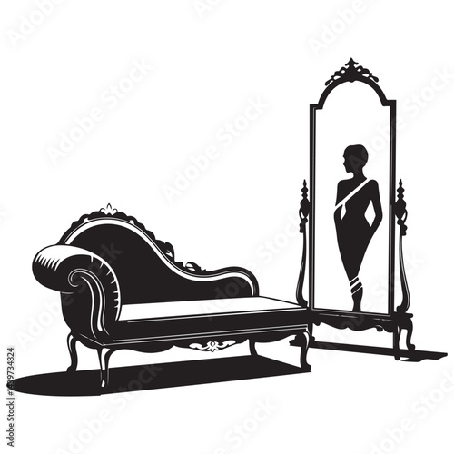 dressing room with antique furniture, Vector Black silhouettes. with white background