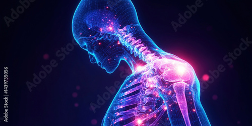 Shoulder joints illuminated in a vivid portrayal of the human skeletal structure. Header banner mockup with copy space.