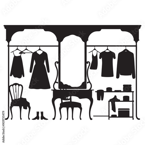 dressing room with antique furniture, Vector Black silhouettes. with white background