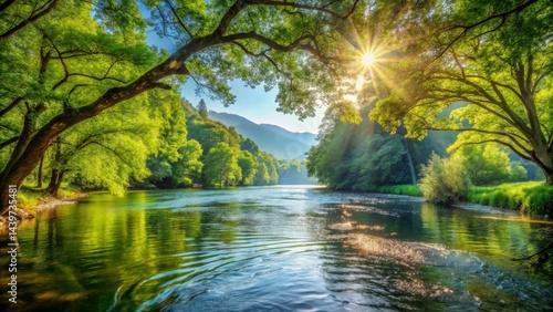 Serene River Landscape Sunbeams Illuminate Lush Green Foliage and Calm Waters Under a Bright Sky