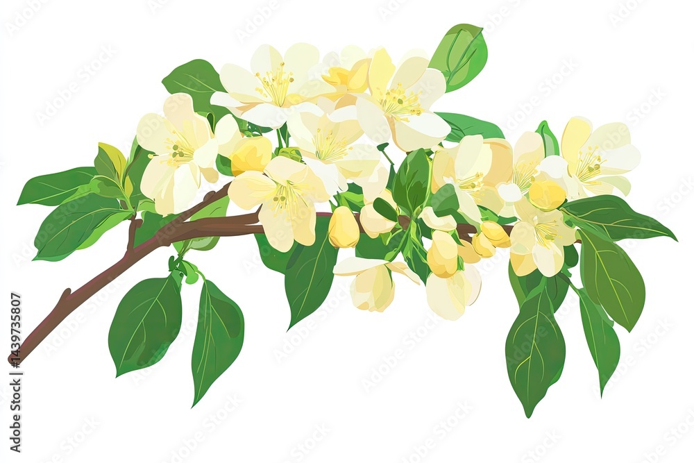 Naklejka premium Delicate pale yellow blossoms and green leaves on a blossoming branch