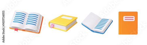 Book 3d icon. Isolated books, open closed notebook. School college learning tools and supplies. University, library, education, bookstore concept. Realistic vector set