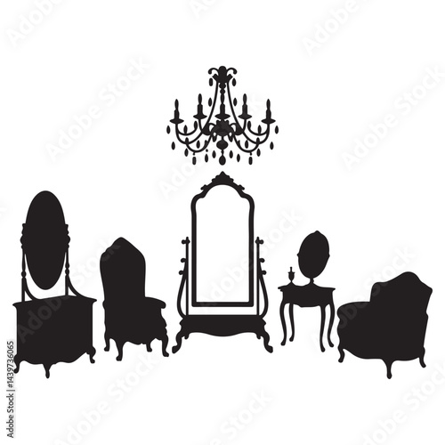 dressing room with antique furniture, Vector Black silhouettes. with white background