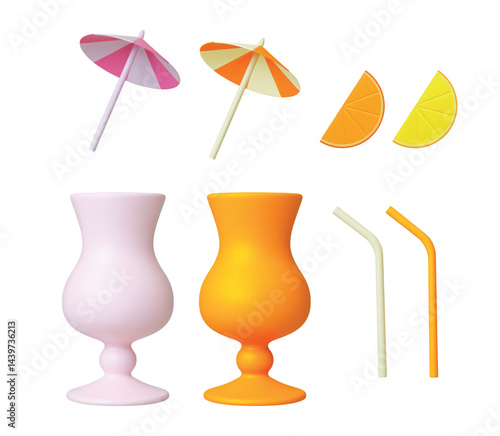 Cocktail 3d accessories. Isolated drinking straws, tubes, drink umbrellas, orange slice and stylish glasses. Realistic cocktails design for bar, beach, party, vector set
