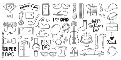 Doodle dad day set. Accessories father, sketch style wallet car tie guitar watch. Family party, best father lettering, gift neoteric vector icons