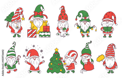 Christmas doodle gnomes. Cute dwarfs with gifts toys xmas tree. Scandinavian style characters, winter holiday funny creatures neoteric vector clipart