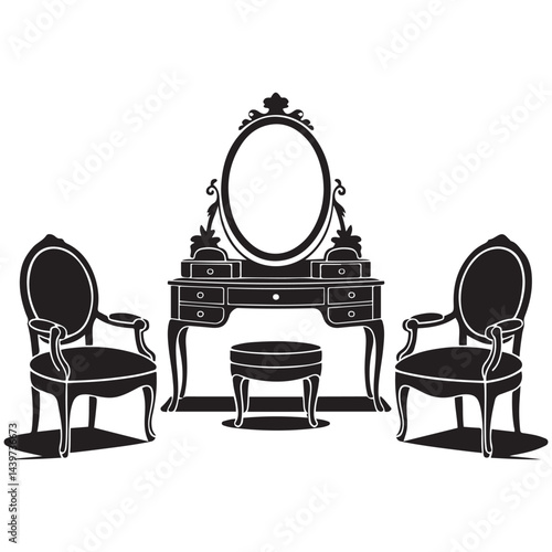 dressing room with antique furniture, Vector Black silhouettes. with white background