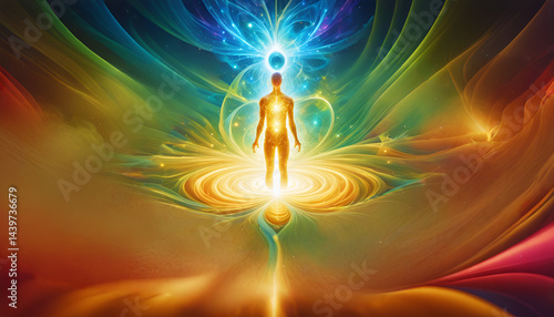 Zen Serenity Standing Yoga Pose in a Fantasy Neon Wave Background for Health and Balance