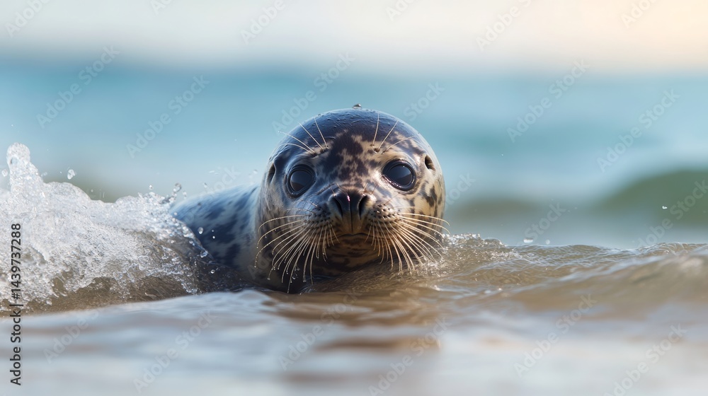 Fototapeta premium A young seal splashing in the shallow waves, its fur dripping wet, playful and energetic,
