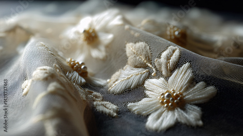 Obraz na płótnie Delicate creamy fabric with embroidered flowers and pearl-like details. w salonie