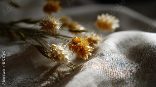 Delicate Dried Flowers Draped on Soft Beige Linen Fabric