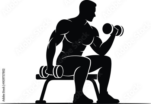 Muscular man doing dumbbell bicep curls silhouette gym workout strength training bodybuilding