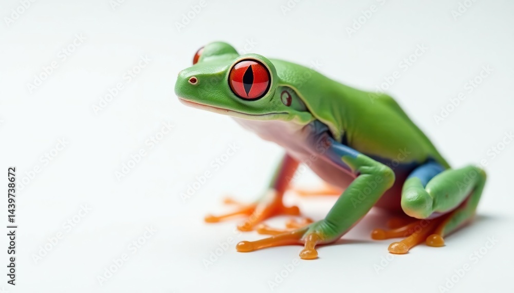 Fototapeta premium Single red-eyed tree frog on pure white backdrop, animal, close-up