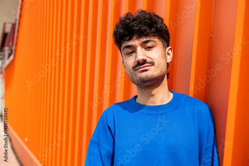 Young man in blue sweater smiling confidently against an orange background