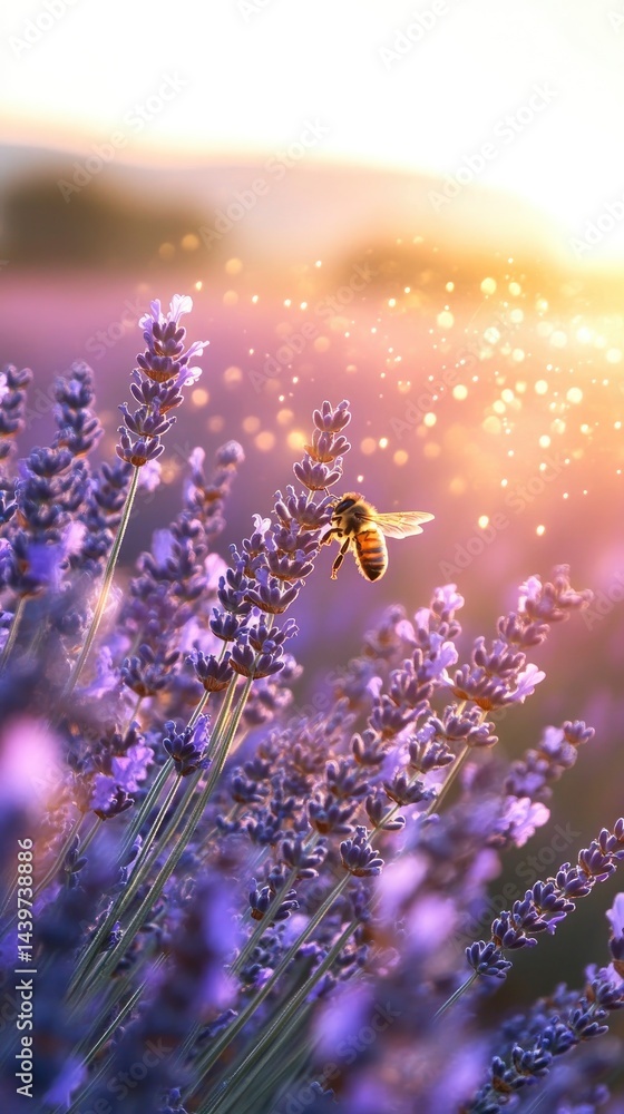 Naklejka premium A breathtaking ultra-detailed macro view of lavender fields in Provence, France, just before sunset