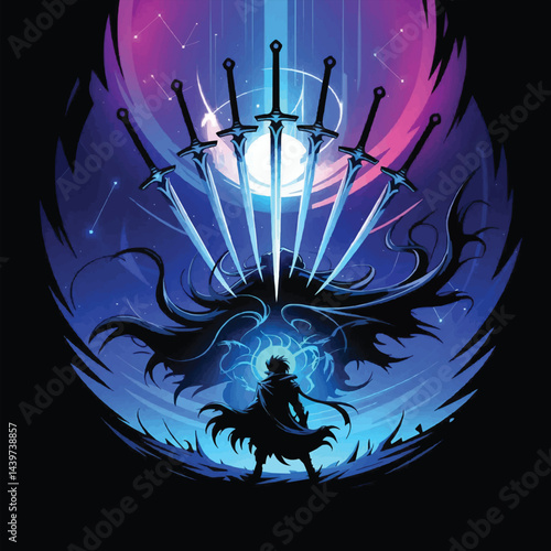 Blades of Midnight: A Mysterious Hunter Encircled by Ethereal Swords Against a Deep Purple and Electric Blue Sky, Vibrant Hunter T-shirt Vector Design