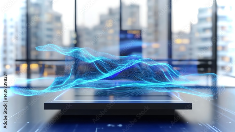 Floating model of holographic waves in a minimalistic lab space showcasing advanced technology