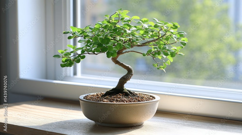 Serene bonsai graces sunlit windowsill Serene bonsai graces sunlit windowsill