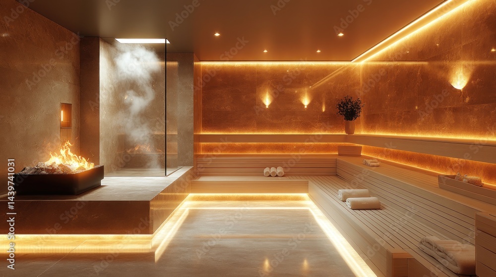 Luxurious spa sauna with fire, steam, and ambient lighting Luxurious spa sauna with fire, steam, and ambient lighting