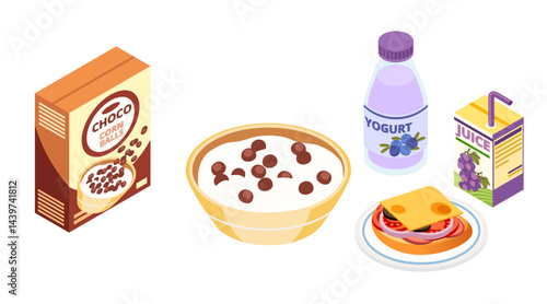 Isometric set of breakfast foods. Chocolate cereal box. Bowl with chocolate cereal. Sandwich on plate. Yogurt bottle with cap. Grape juice carton with straw. Vector illustration isolated on white