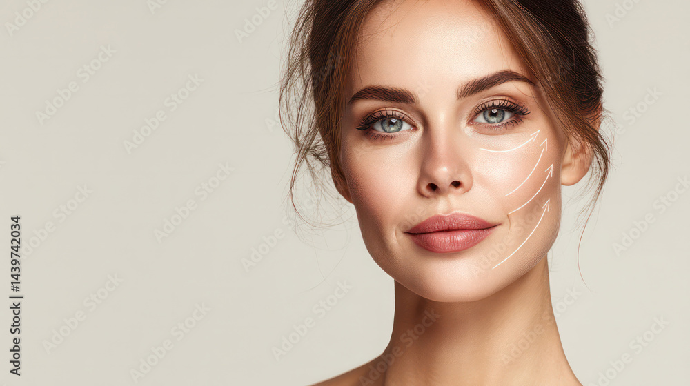 A beautiful woman's portrait showcases flawless facial skin, accompanied by arrows indicating skin lifting, symbolizing cosmetology's pursuit of elastic and youthful skin