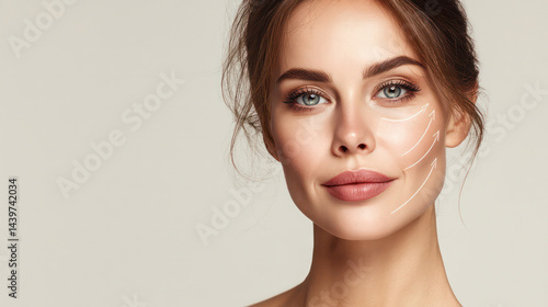 Obraz na płótnie A beautiful woman's portrait showcases flawless facial skin, accompanied by arrows indicating skin lifting, symbolizing cosmetology's pursuit of elastic and youthful skin w salonie