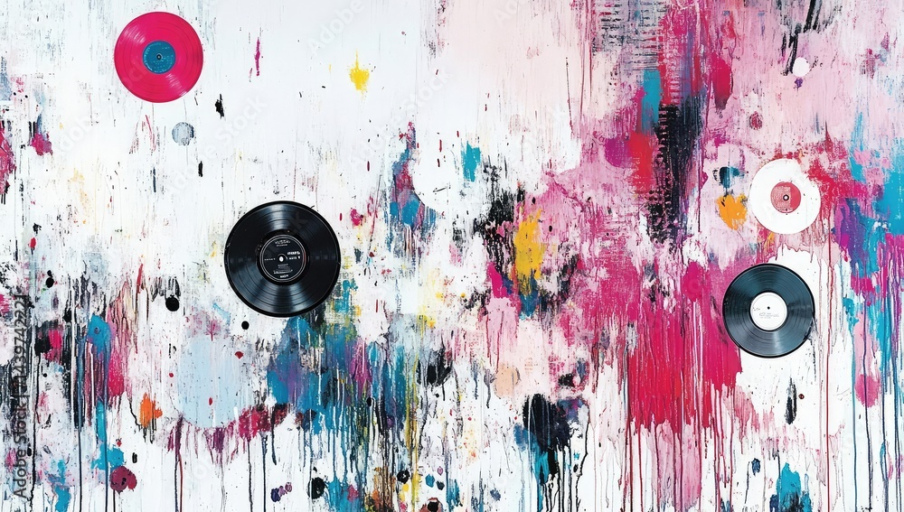 Abstract painting with vinyl records embedded in vibrant, dripped paint Abstract painting with vinyl records embedded in vibrant, dripped paint