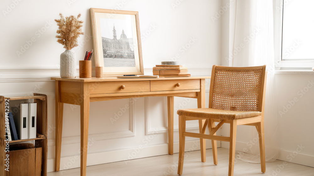 A stylish wooden desk with chair and decorative plant, creating a modern workspace in a minimalist setting.