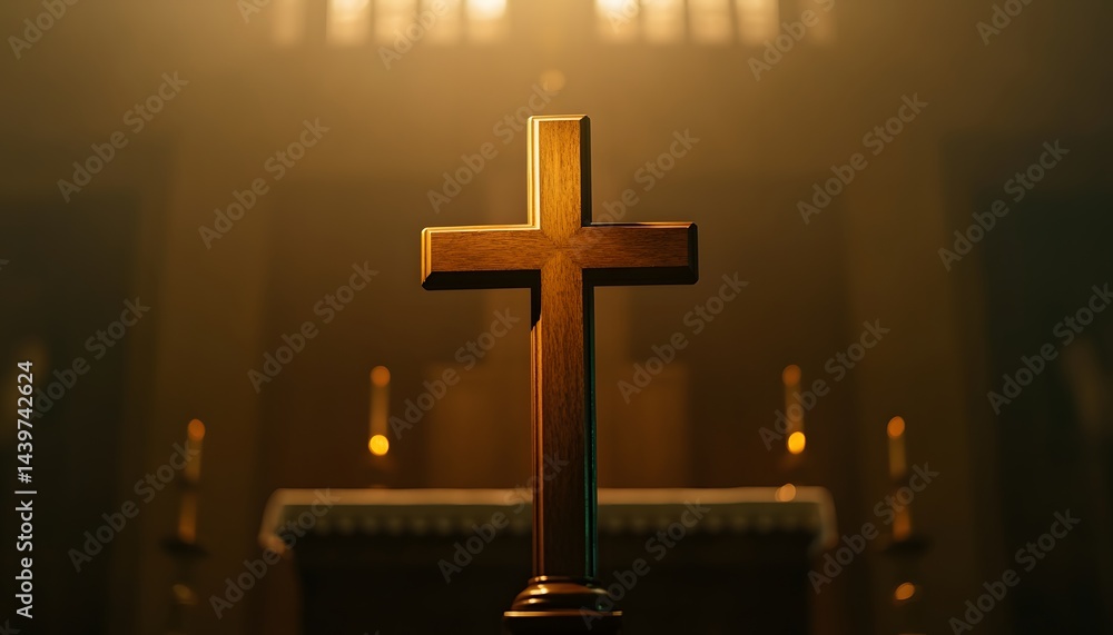 A wooden cross prominently displayed inside a dimly lit room