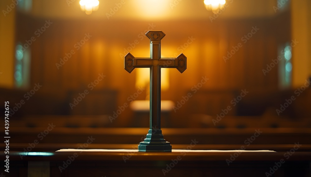 A wooden cross stands centered in a church interior