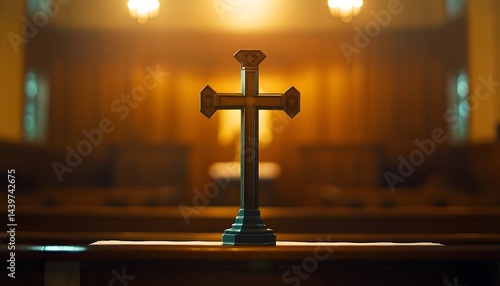 Obraz na płótnie A wooden cross stands centered in a church interior w salonie