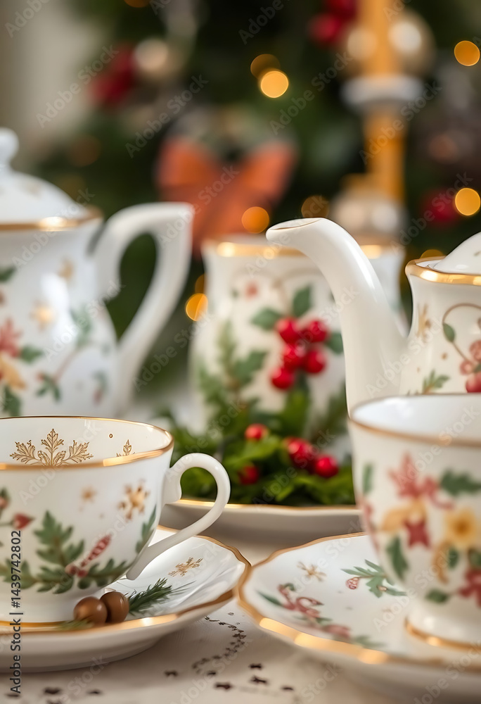 Fototapeta premium table topped with a tea set next to a christmas tree