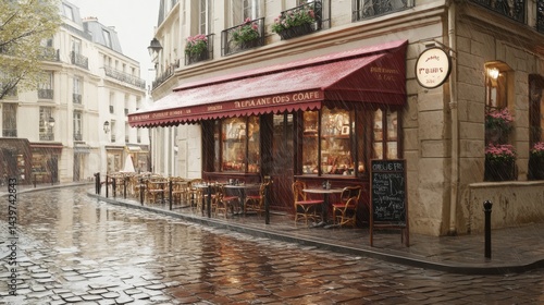 Charming Parisian Cafe Street Scene with Rain and Historic Architecture