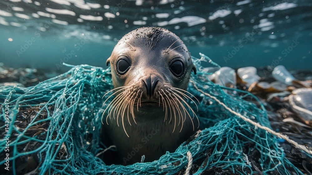 Fototapeta premium A deeply emotional ultra-realistic photograph of a young sea lion struggling to free itself from a plastic fishing net