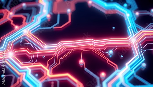 Wallpaper Mural Abstract 3D Neon Circuit Board Featuring Glowing Blue Red and White Lines on a Dark Background Perfect for Technology Themes Torontodigital.ca