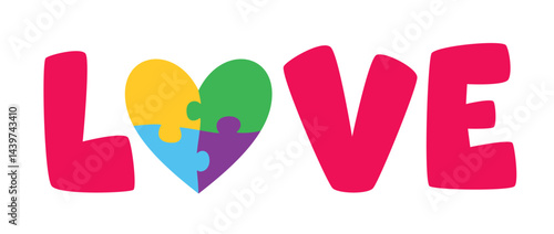 Word Love with a Heart like a colorful puzzle. Lettering for World Autism Awareness Day. Vector illustration on a white background