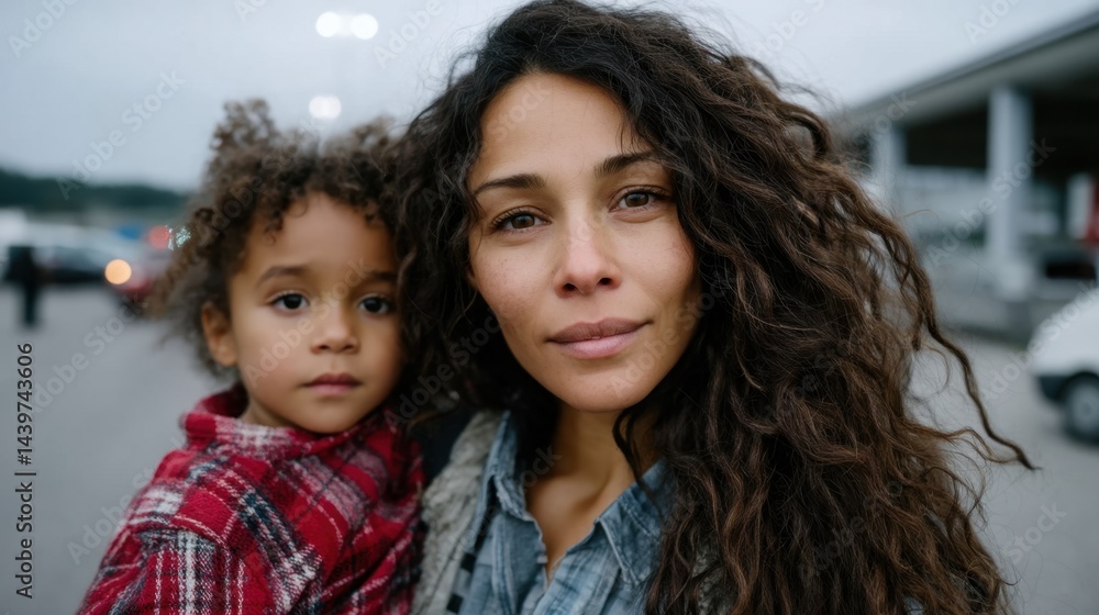 Mother and Child Portrait in Urban Setting with Emotional Expression and Natural Lighting Mother and Child Portrait in Urban Setting with Emotional Expression and Natural Lighting