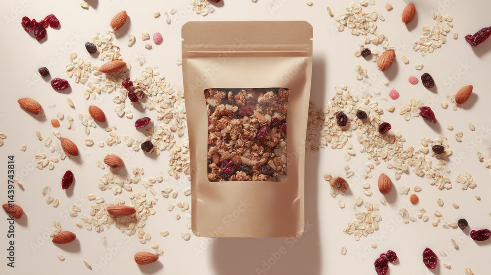 Top-down view of a kraft paper bag filled with granola and mixed nuts