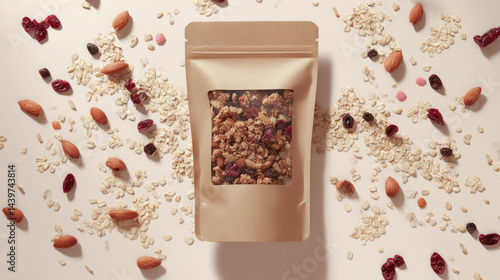 Obraz na płótnie Top-down view of a kraft paper bag filled with granola and mixed nuts w salonie