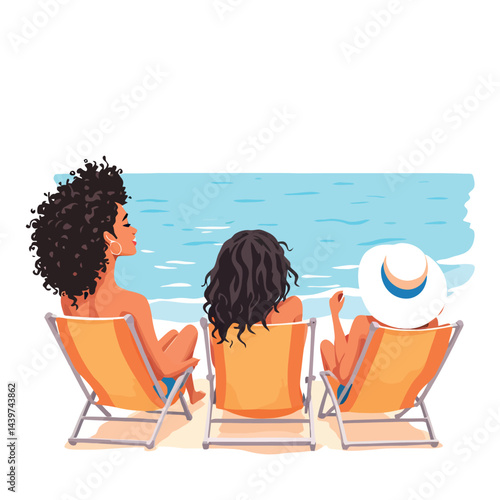 Vsai women relaxing on beach chairs enjoying seascape view