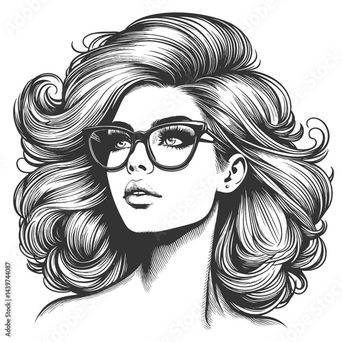 woman with large glasses and voluminous wavy hair, gazing thoughtfully sketch engraving generative ai fictional character vector illustration. Scratch board imitation. Black and white image.