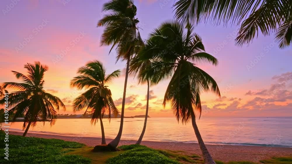 Tropical sunset over calm ocean with silhouettes of palm trees in a serene setting Tropical sunset over calm ocean with silhouettes of palm trees in a serene setting