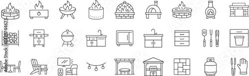 Backyard firepit outdoor features line icon set. Vector pictograms of kitchen, patio, fireplace, chiminea, pizza oven, firewood, propane tank, thin linear illustration.
